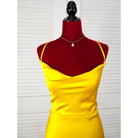 NWT Ellie Wilde Mon Cheri Sunflower Yellow Satin Long Prom Dress Size 16 1751 - Picture 5 of 16